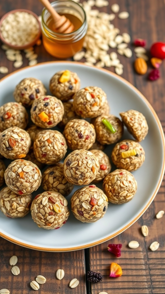 A plate of colorful nutty and fruity energy bites made with oats, nuts, and dried fruits on a rustic wooden table.